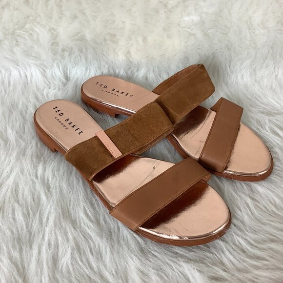 Ted Baker London Rose Gold & Brown Suede Leather Sandals EU 40 US 9.5 - Picture 1 of 6